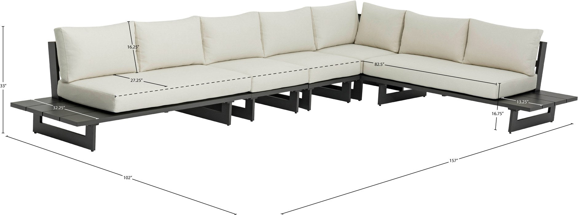 Meridian Furniture - Maldives 157" Cream Water Resistant Fabric Upholstered 5pc. Outdoor Patio Sectional - 338Cream-Sec2B - GreatFurnitureDeal