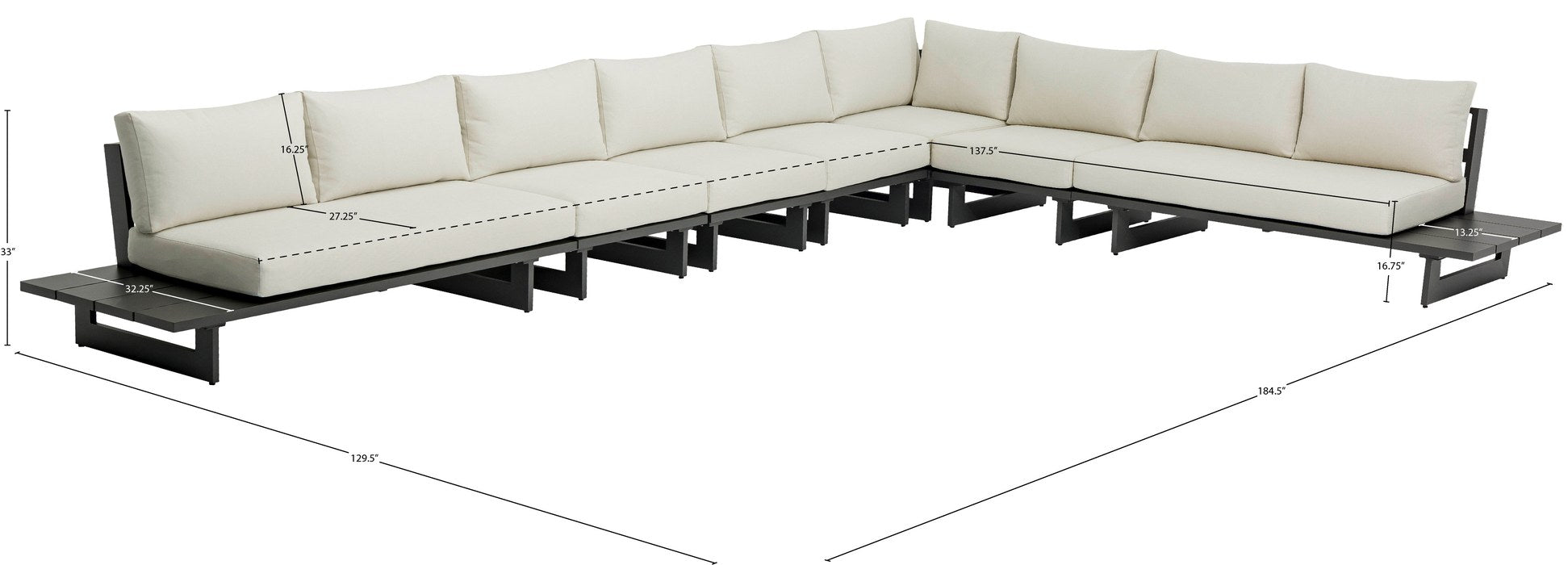 Meridian Furniture - Maldives 129.5" Cream Water Resistant Fabric Upholstered 7pc. Outdoor Patio Sectional - 338Cream-Sec4A - GreatFurnitureDeal
