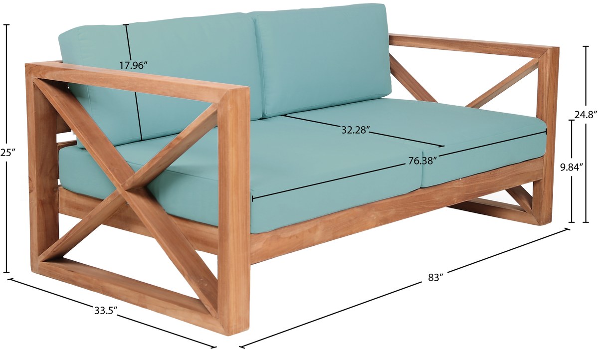 Meridian Furniture - Anguilla 83" Blue Water Resistant Fabric Upholsetered Outdoor Patio Sofa - 352SeaBlue-S - GreatFurnitureDeal