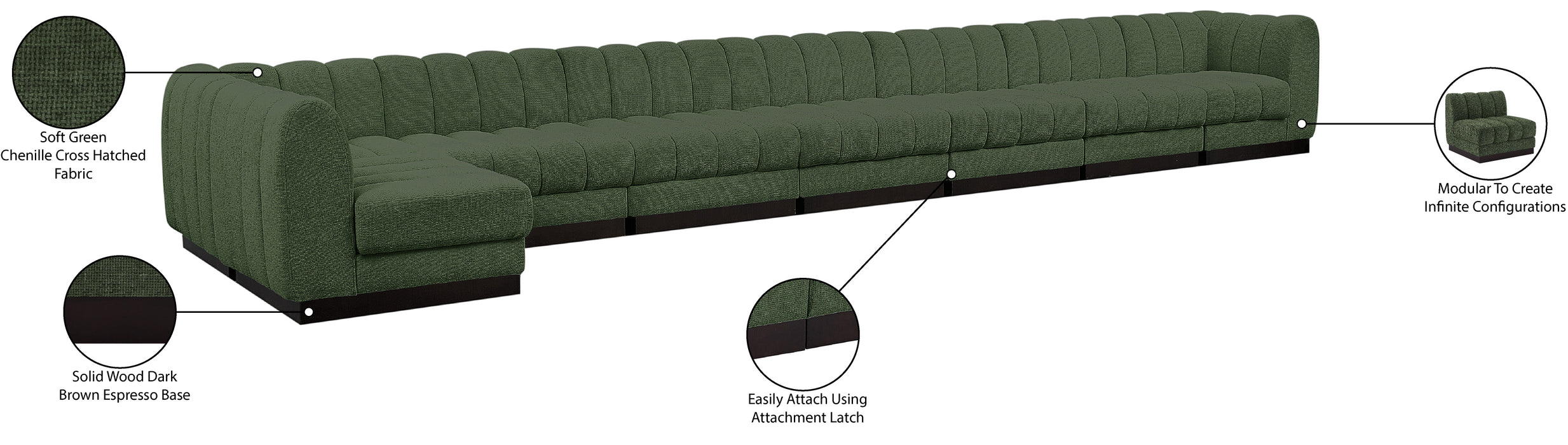 Meridian Furniture - Quinn 229" Chenille Fabric Upholstered 8 Piece Modular Sectional - 124Green-Sec8B - GreatFurnitureDeal
