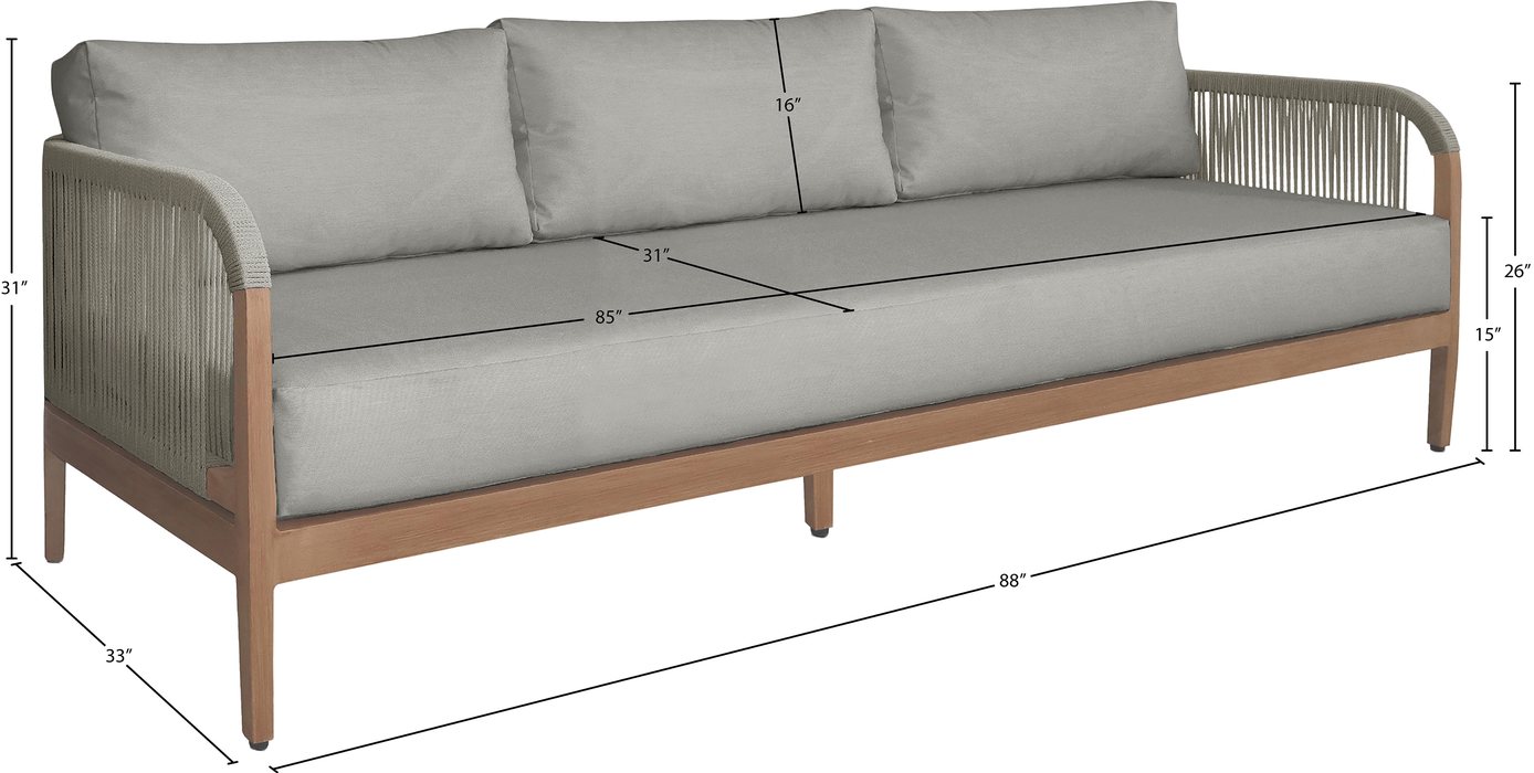 Meridian Furniture - Maui 88" Grey Water Resistant Fabric Upholstered Outdoor Patio Sofa - 361Grey-S - GreatFurnitureDeal