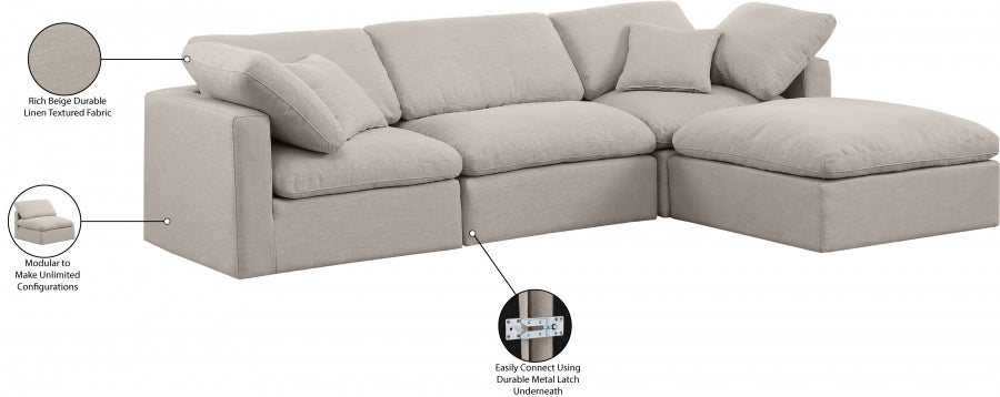 Meridian Furniture - Indulge 105" Linen Textured Fabric Upholstered 4 Piece Modular Sectional - 141Beige-Sec4A - GreatFurnitureDeal