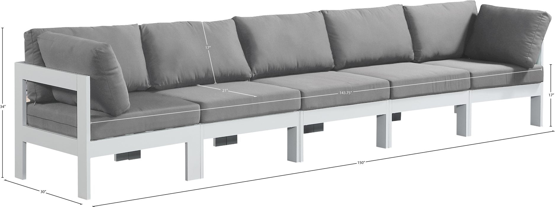 Meridian Furniture - Nizuc 150" Grey Water Resistant Fabric Upholstered 5pc. Outdoor Patio Sofa - 375Grey-S150A - GreatFurnitureDeal