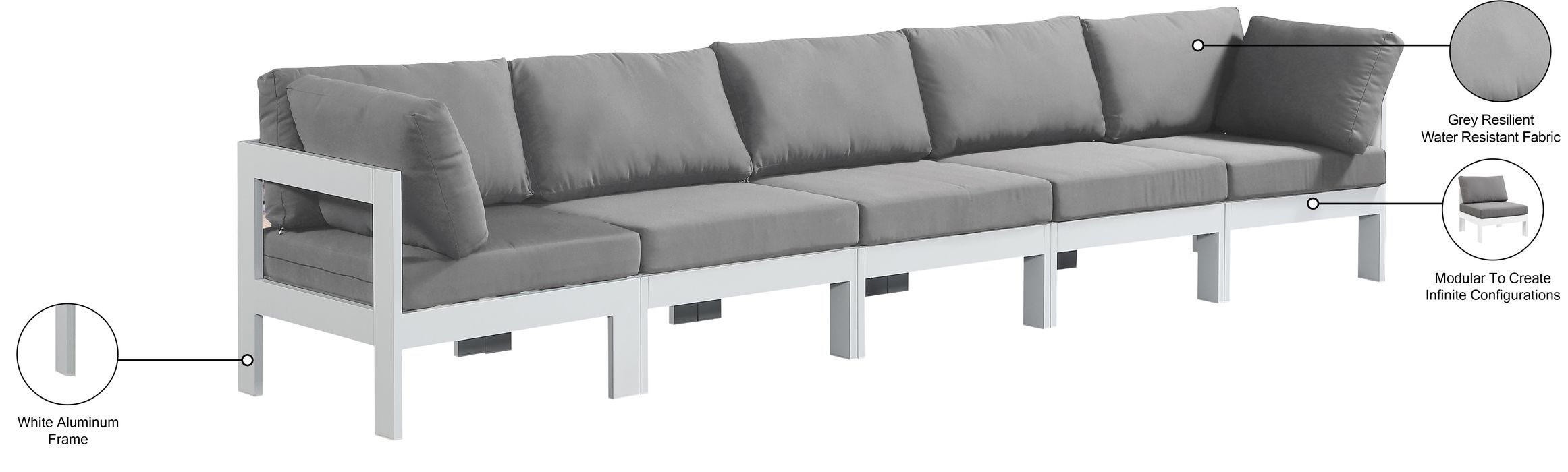 Meridian Furniture - Nizuc 150" Grey Water Resistant Fabric Upholstered 5pc. Outdoor Patio Sofa - 375Grey-S150A - GreatFurnitureDeal