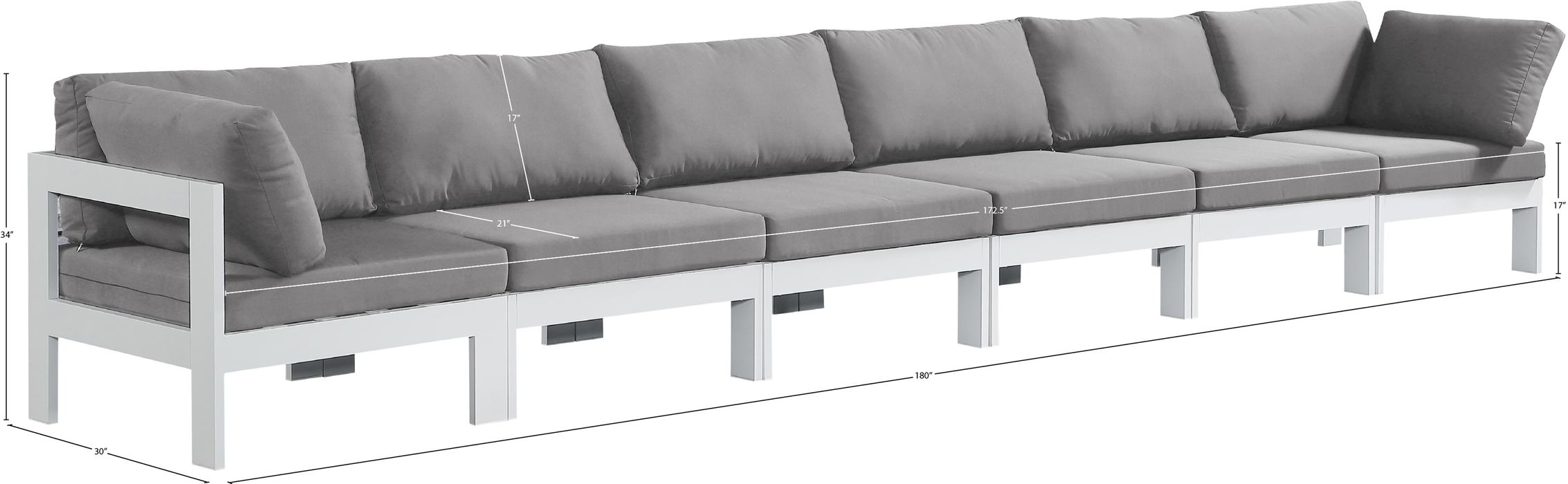 Meridian Furniture - Nizuc 180" Grey Water Resistant Fabric Upholstered 6pc. Outdoor Patio Sofa - 375Grey-S180A - GreatFurnitureDeal