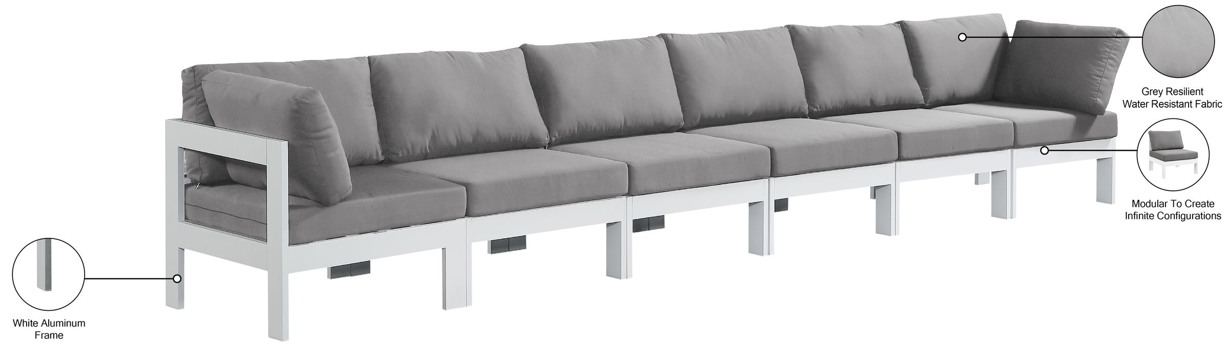 Meridian Furniture - Nizuc 180" Grey Water Resistant Fabric Upholstered 6pc. Outdoor Patio Sofa - 375Grey-S180A - GreatFurnitureDeal