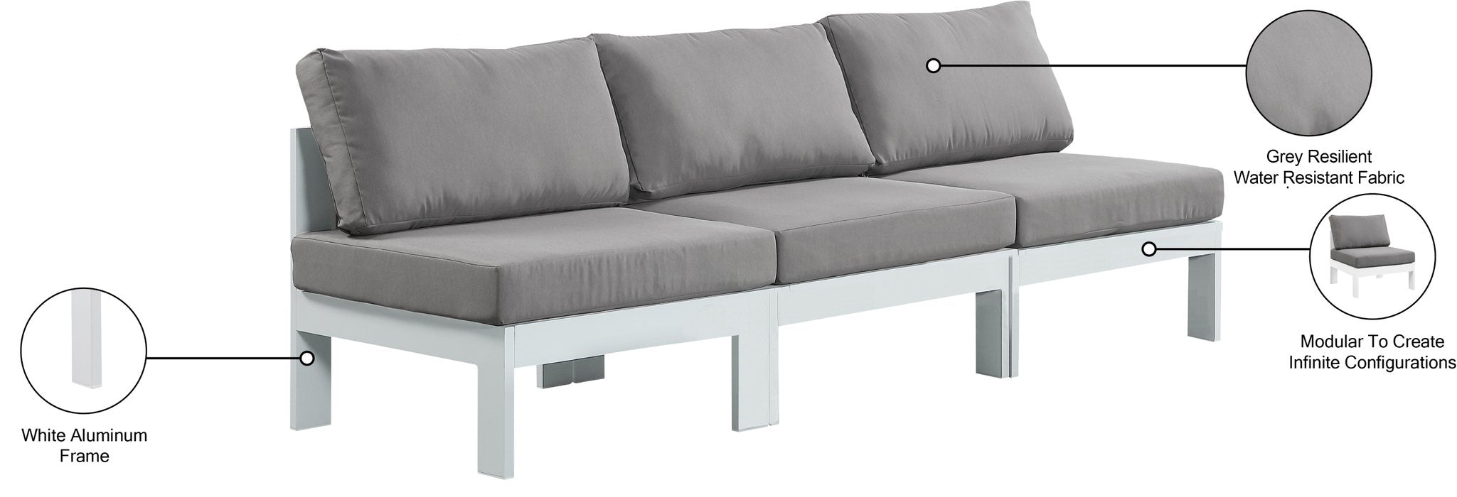 Meridian Furniture - Nizuc 90" Grey Water Resistant Fabric Upholstered 3pc. Outdoor Patio Armless Sofa - 375Grey-S90B - GreatFurnitureDeal