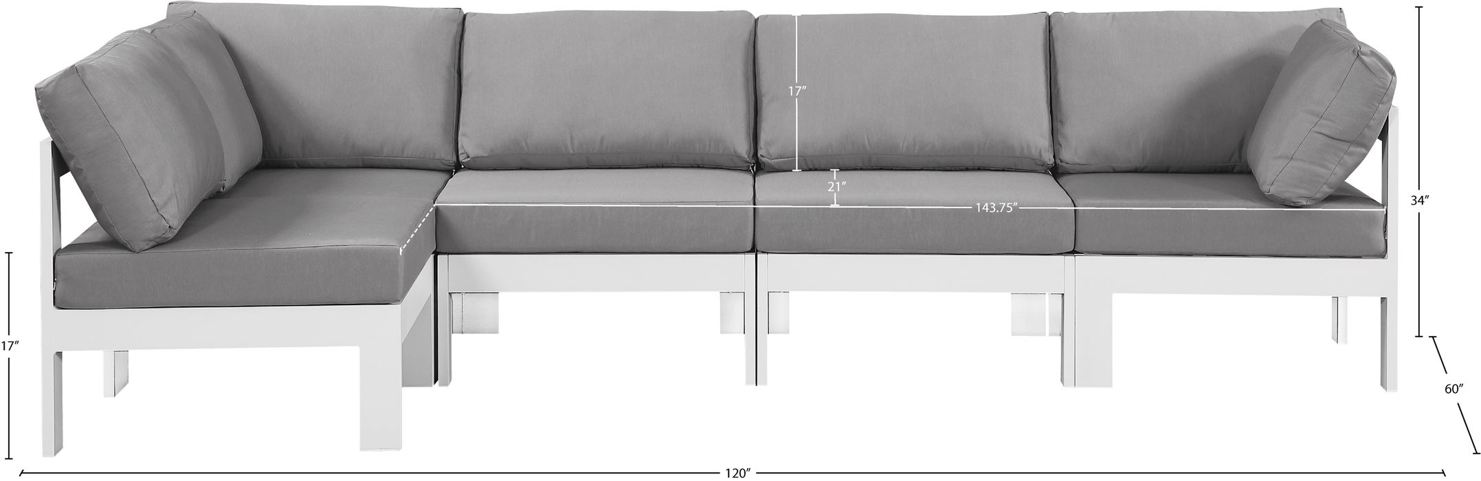 Meridian Furniture - Nizuc 120" Grey Water Resistant Fabric Upholstered 5pc. Outdoor Patio Sectional - 375Grey-Sec5C - GreatFurnitureDeal