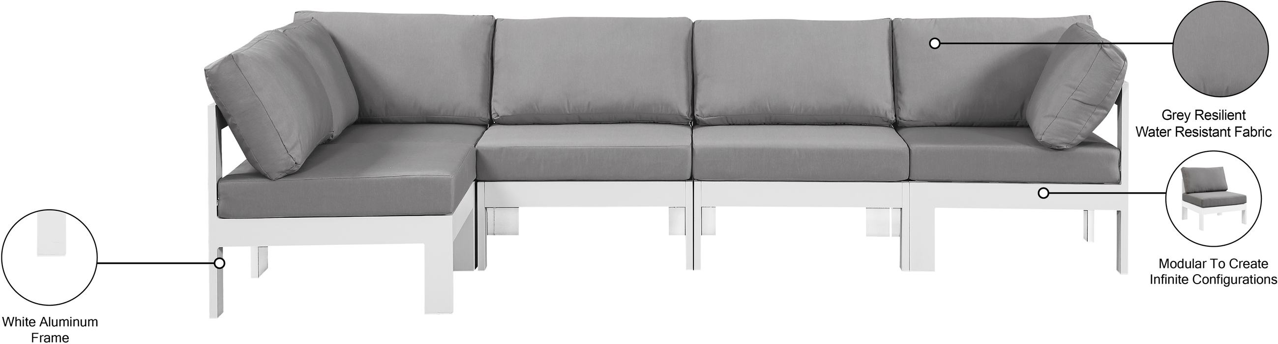 Meridian Furniture - Nizuc 120" Grey Water Resistant Fabric Upholstered 5pc. Outdoor Patio Sectional - 375Grey-Sec5C - GreatFurnitureDeal
