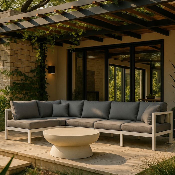 Meridian Furniture - Nizuc 120" Grey Water Resistant Fabric Upholstered 5pc. Outdoor Patio Sectional - 375Grey-Sec5C - GreatFurnitureDeal
