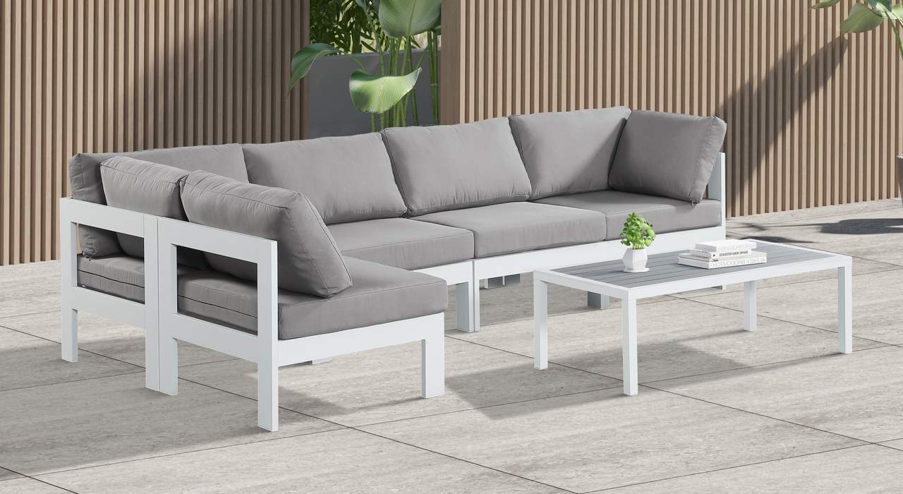 Meridian Furniture - Nizuc 120" Grey Water Resistant Fabric Upholstered 5pc. Outdoor Patio Sectional - 375Grey-Sec5C - GreatFurnitureDeal