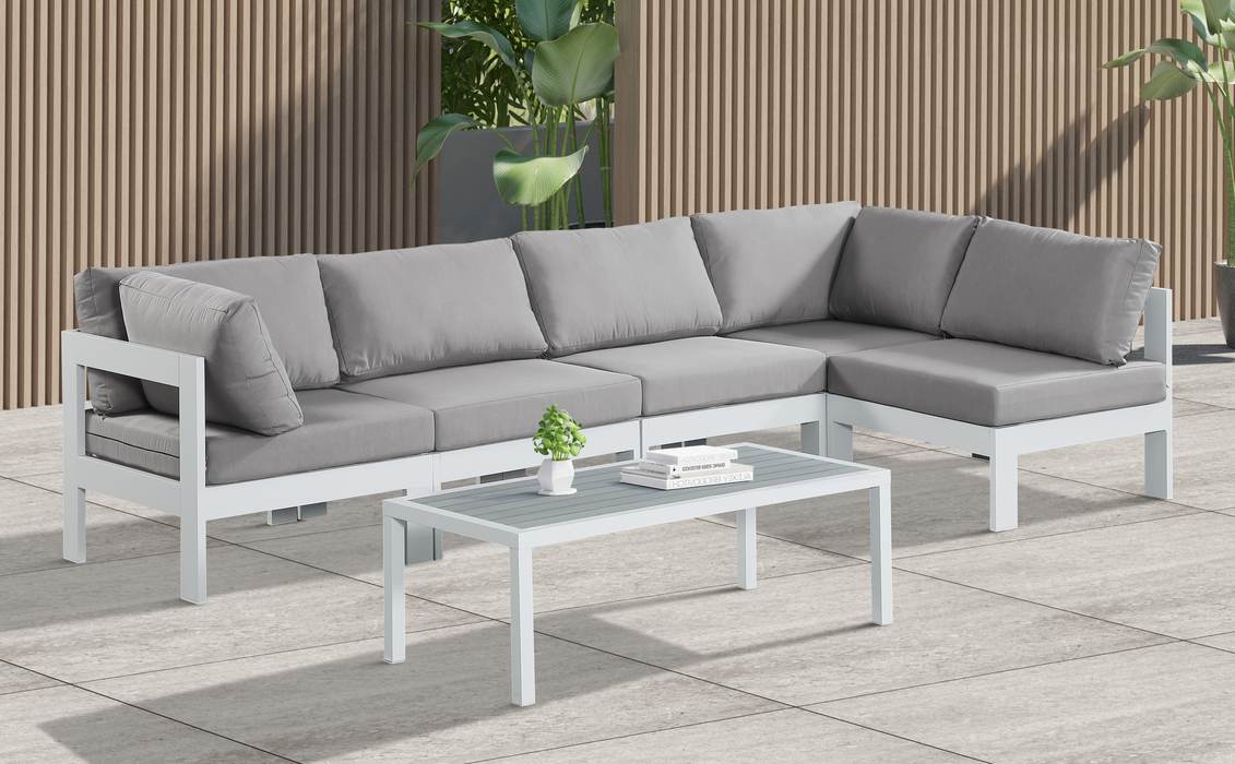 Meridian Furniture - Nizuc 120" Grey Water Resistant Fabric Upholstered 5pc. Outdoor Patio Sectional - 375Grey-Sec5C - GreatFurnitureDeal