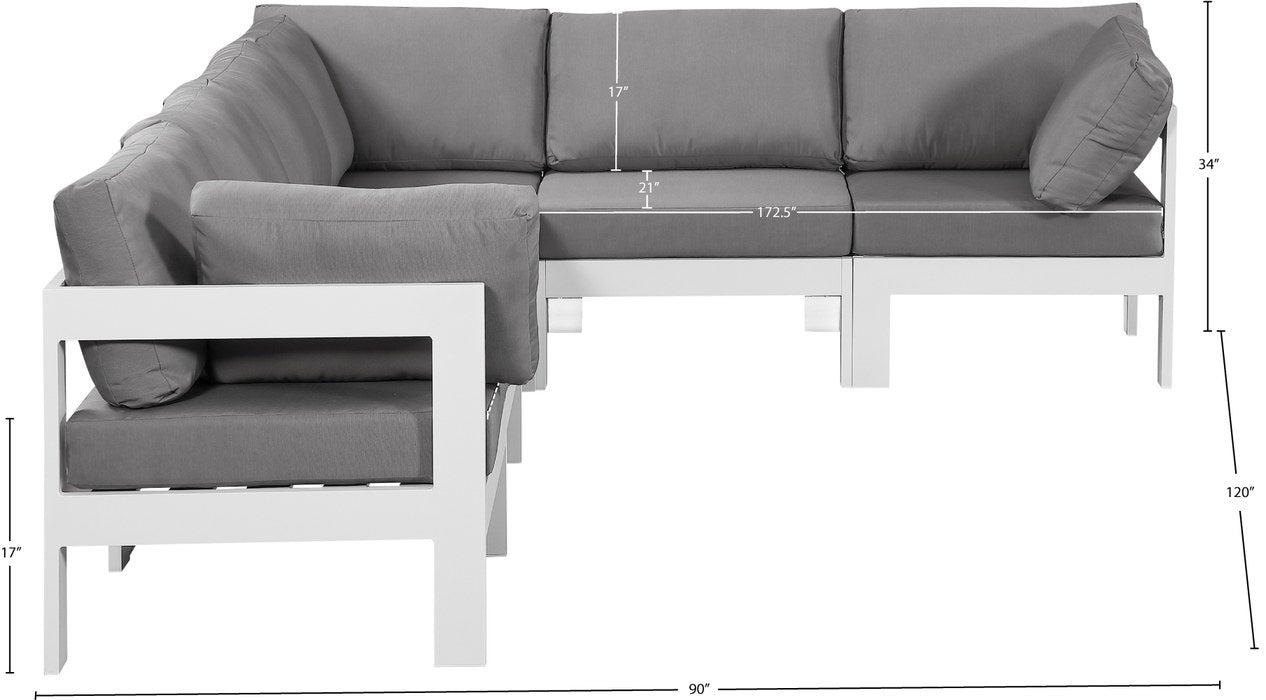Meridian Furniture - Nizuc 120" Grey Water Resistant Fabric Upholstered 6pc. Outdoor Patio Sectional - 375Grey-Sec6A - GreatFurnitureDeal