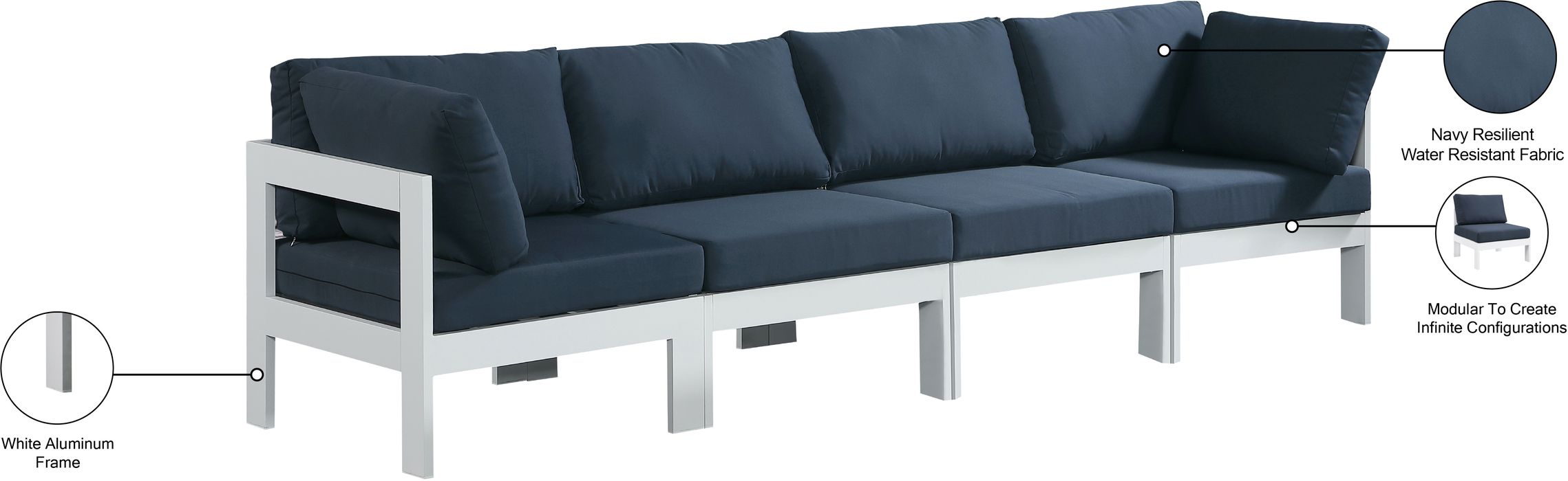 Meridian Furniture - Nizuc 120" Navy Water Resistant Fabric Upholstered 4pc. Outdoor Patio Sofa - 375Navy-S120A - GreatFurnitureDeal