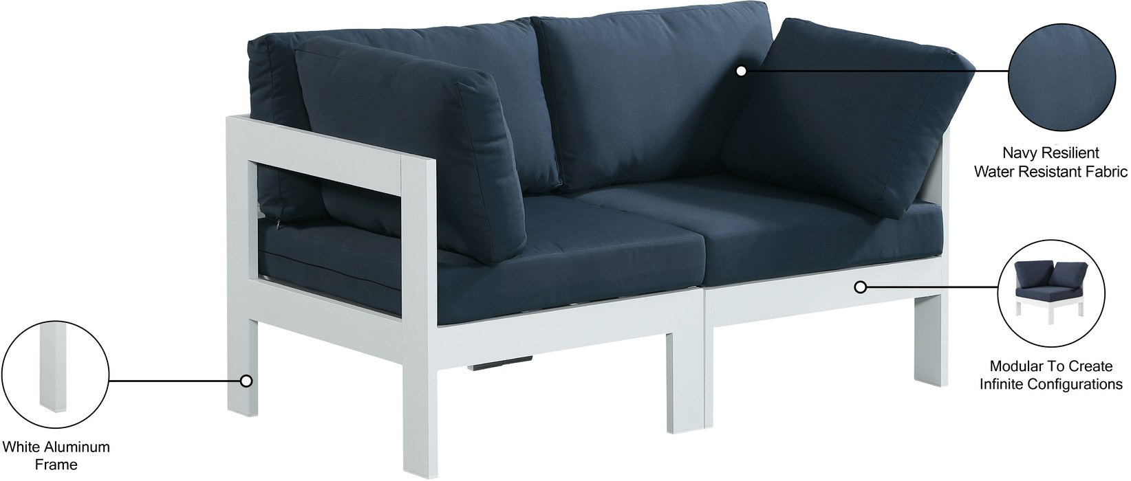 Meridian Furniture - Nizuc 60" Navy Water Resistant Fabric Upholstered 2pc. Outdoor Patio Loveseat - 375Navy-S60A - GreatFurnitureDeal