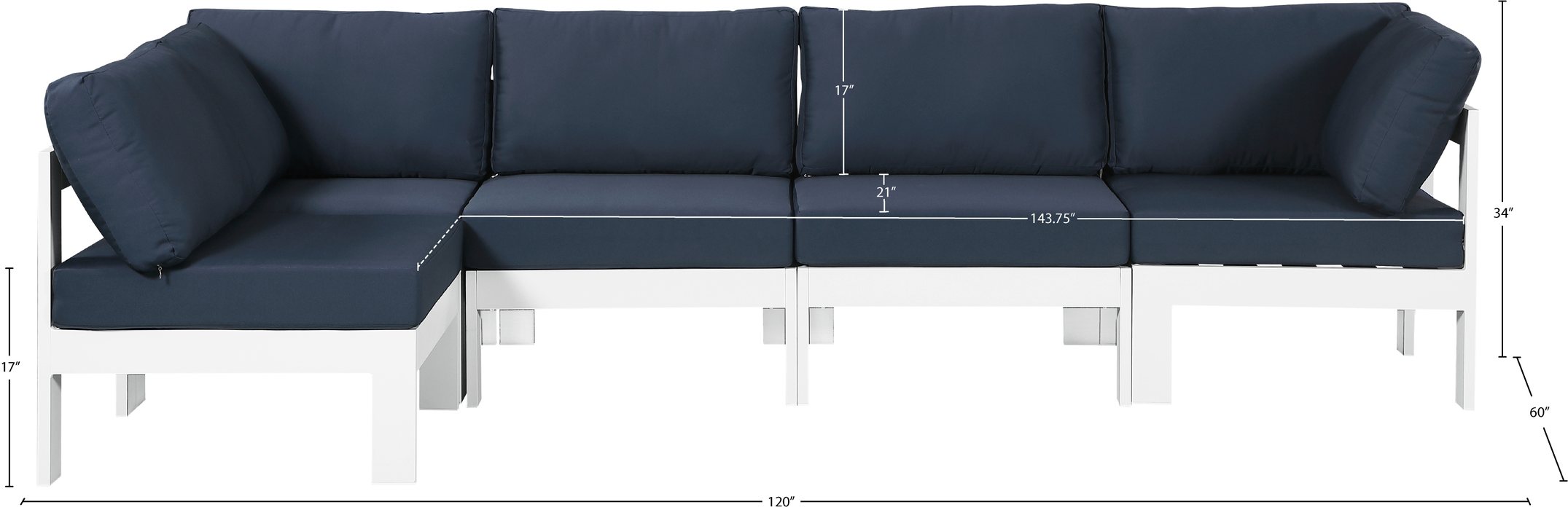 Meridian Furniture - Nizuc 120" Navy Water Resistant Fabric Upholstered 5pc. Outdoor Patio Sectional - 375Navy-Sec5C - GreatFurnitureDeal