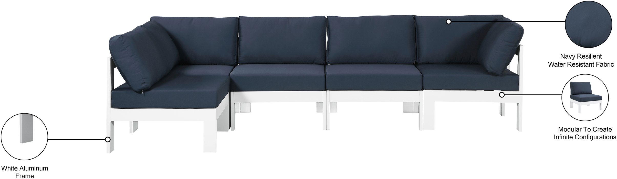 Meridian Furniture - Nizuc 120" Navy Water Resistant Fabric Upholstered 5pc. Outdoor Patio Sectional - 375Navy-Sec5C - GreatFurnitureDeal