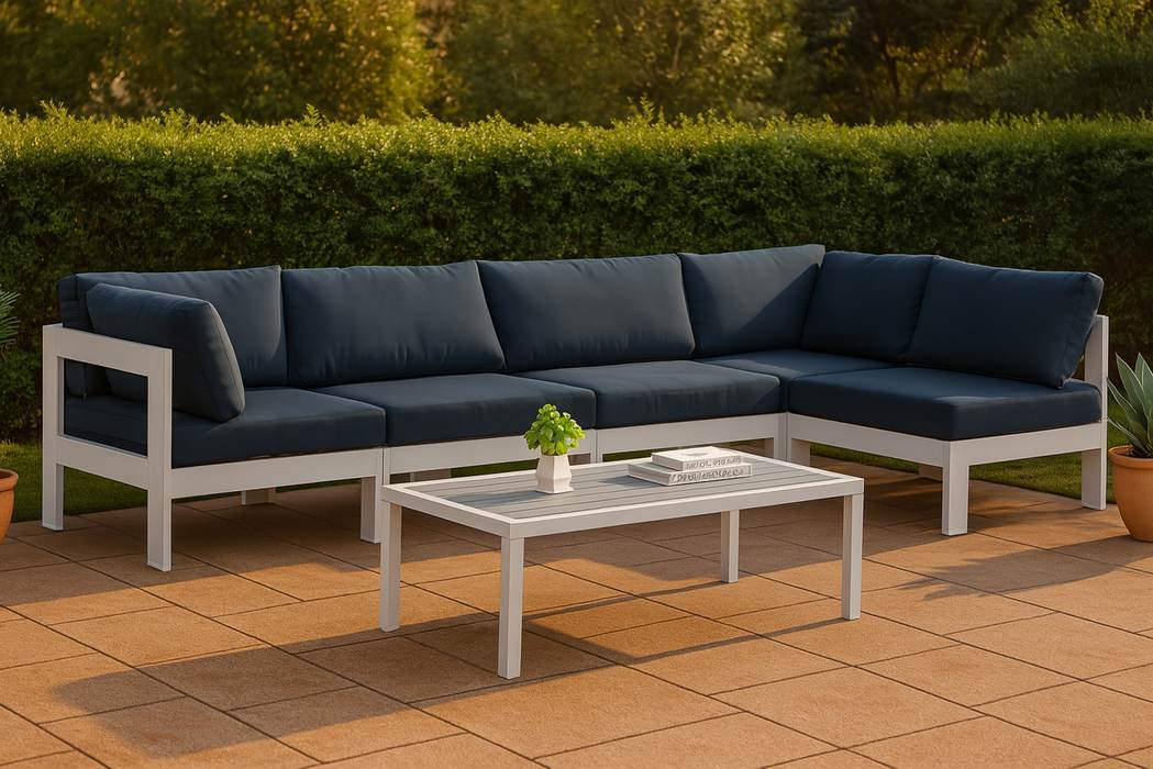 Meridian Furniture - Nizuc 120" Navy Water Resistant Fabric Upholstered 5pc. Outdoor Patio Sectional - 375Navy-Sec5C - GreatFurnitureDeal