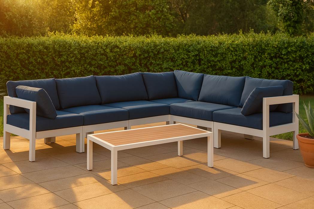 Meridian Furniture - Nizuc 120" Navy Water Resistant Fabric Upholstered 6pc. Outdoor Patio Sectional - 375Navy-Sec6A - GreatFurnitureDeal
