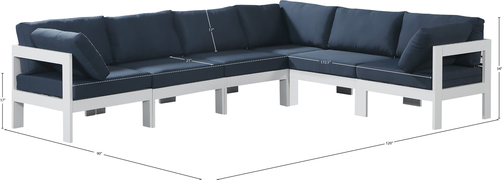 Meridian Furniture - Nizuc 120" Navy Water Resistant Fabric Upholstered 6pc. Outdoor Patio Sectional - 375Navy-Sec6A - GreatFurnitureDeal