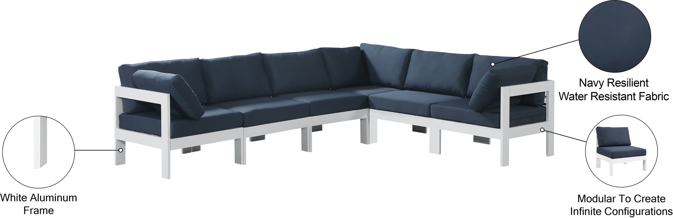 Meridian Furniture - Nizuc 120" Navy Water Resistant Fabric Upholstered 6pc. Outdoor Patio Sectional - 375Navy-Sec6A - GreatFurnitureDeal