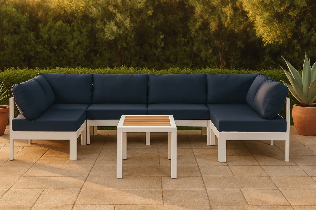 Meridian Furniture - Nizuc 120" Navy Water Resistant Fabric Upholstered 6pc. Outdoor Patio Sectional - 375Navy-Sec6B - GreatFurnitureDeal