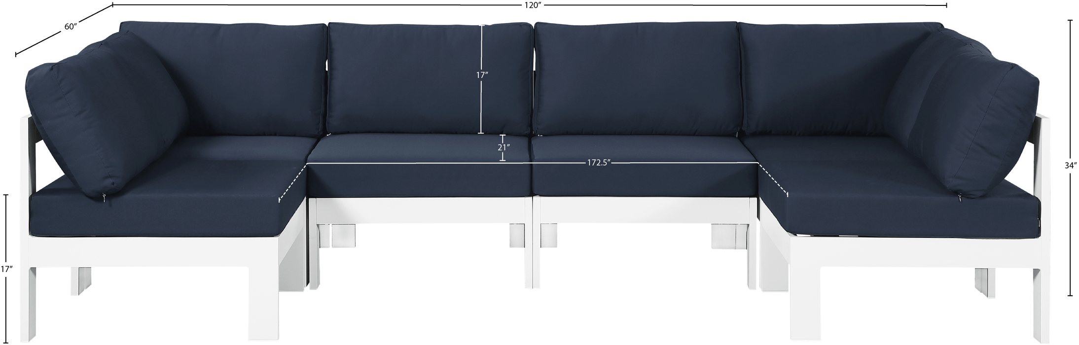 Meridian Furniture - Nizuc 120" Navy Water Resistant Fabric Upholstered 6pc. Outdoor Patio Sectional - 375Navy-Sec6B - GreatFurnitureDeal