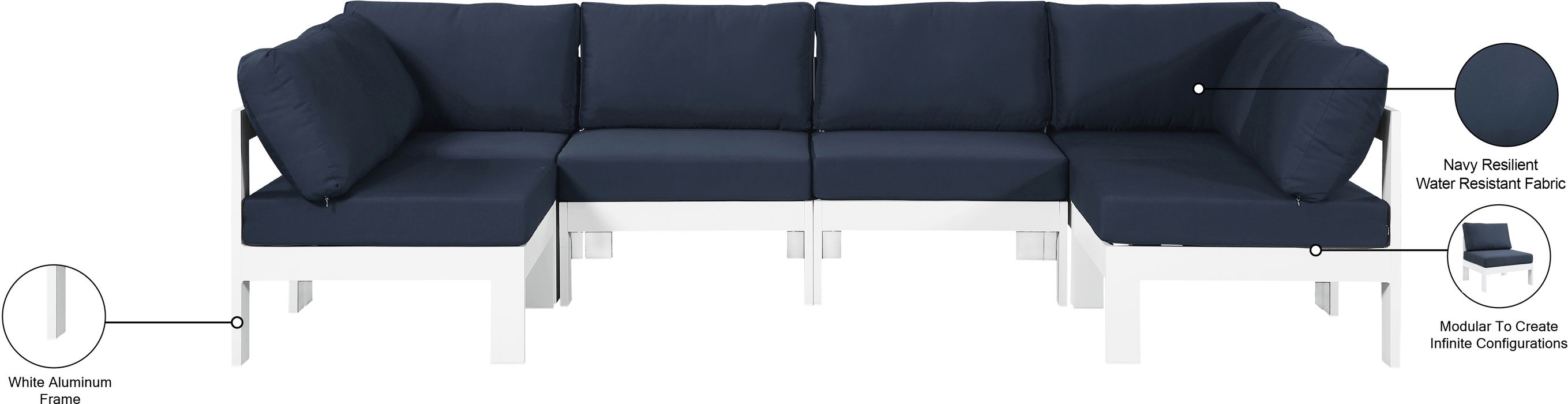 Meridian Furniture - Nizuc 120" Navy Water Resistant Fabric Upholstered 6pc. Outdoor Patio Sectional - 375Navy-Sec6B - GreatFurnitureDeal