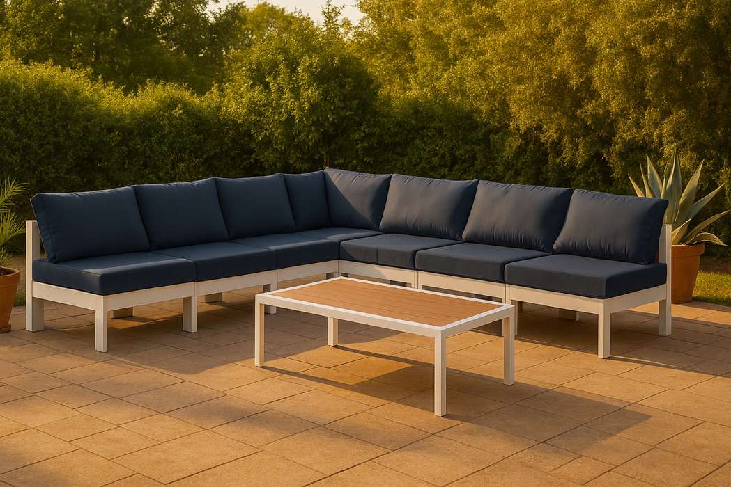 Meridian Furniture - Nizuc 120" Navy Water Resistant Fabric Upholstered 7pc. Outdoor Patio Sectional - 375Navy-Sec7A - GreatFurnitureDeal