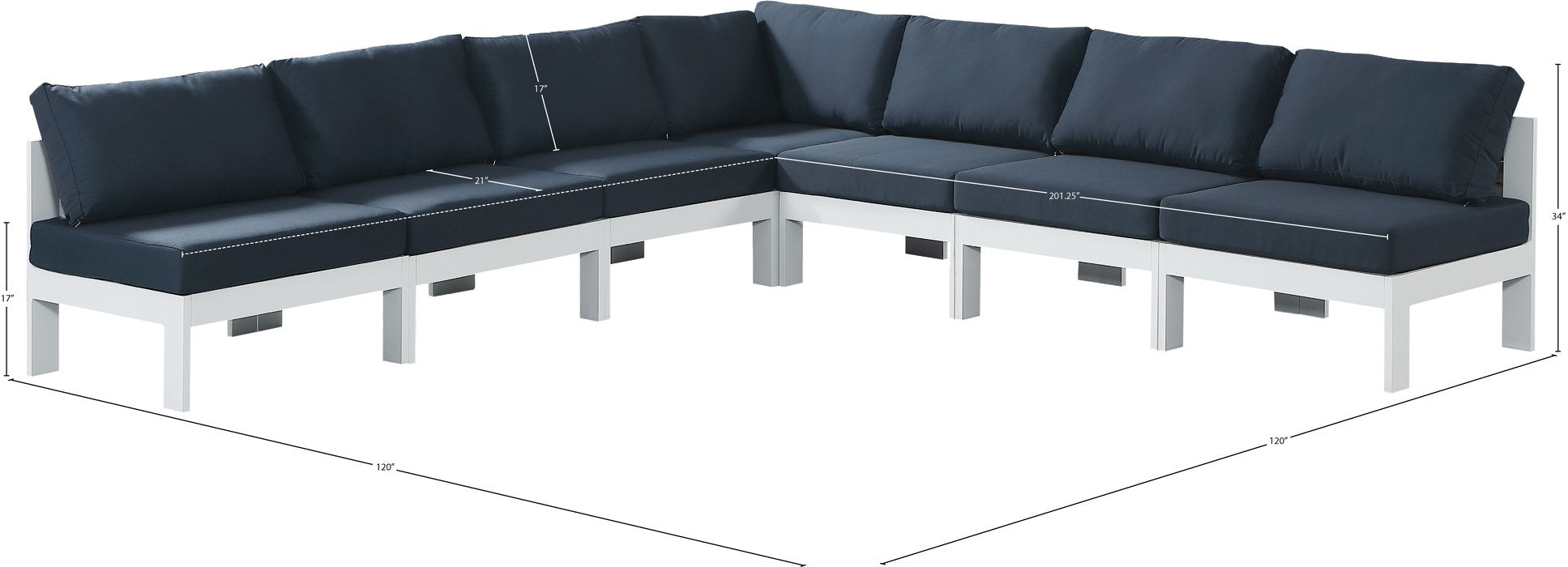 Meridian Furniture - Nizuc 120" Navy Water Resistant Fabric Upholstered 7pc. Outdoor Patio Sectional - 375Navy-Sec7A - GreatFurnitureDeal