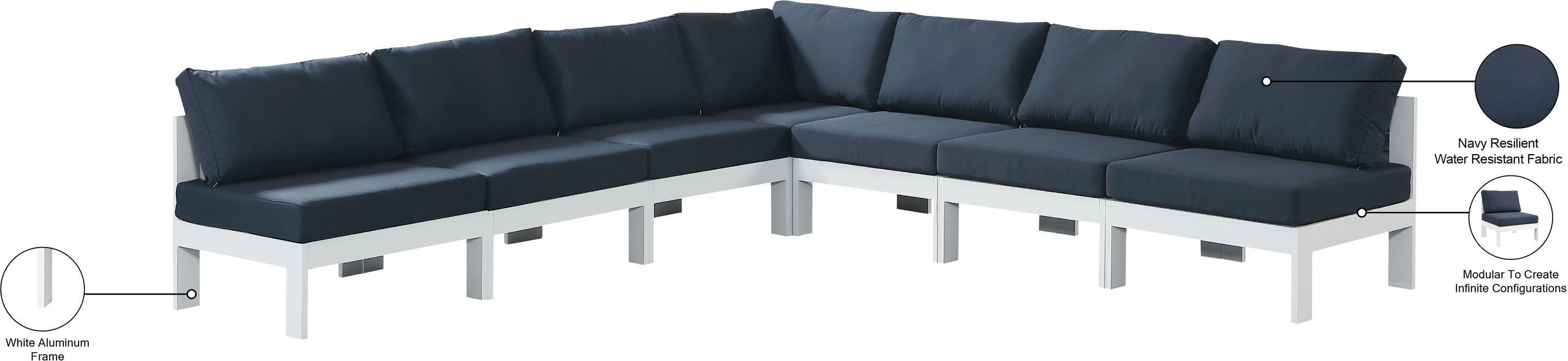 Meridian Furniture - Nizuc 120" Navy Water Resistant Fabric Upholstered 7pc. Outdoor Patio Sectional - 375Navy-Sec7A - GreatFurnitureDeal
