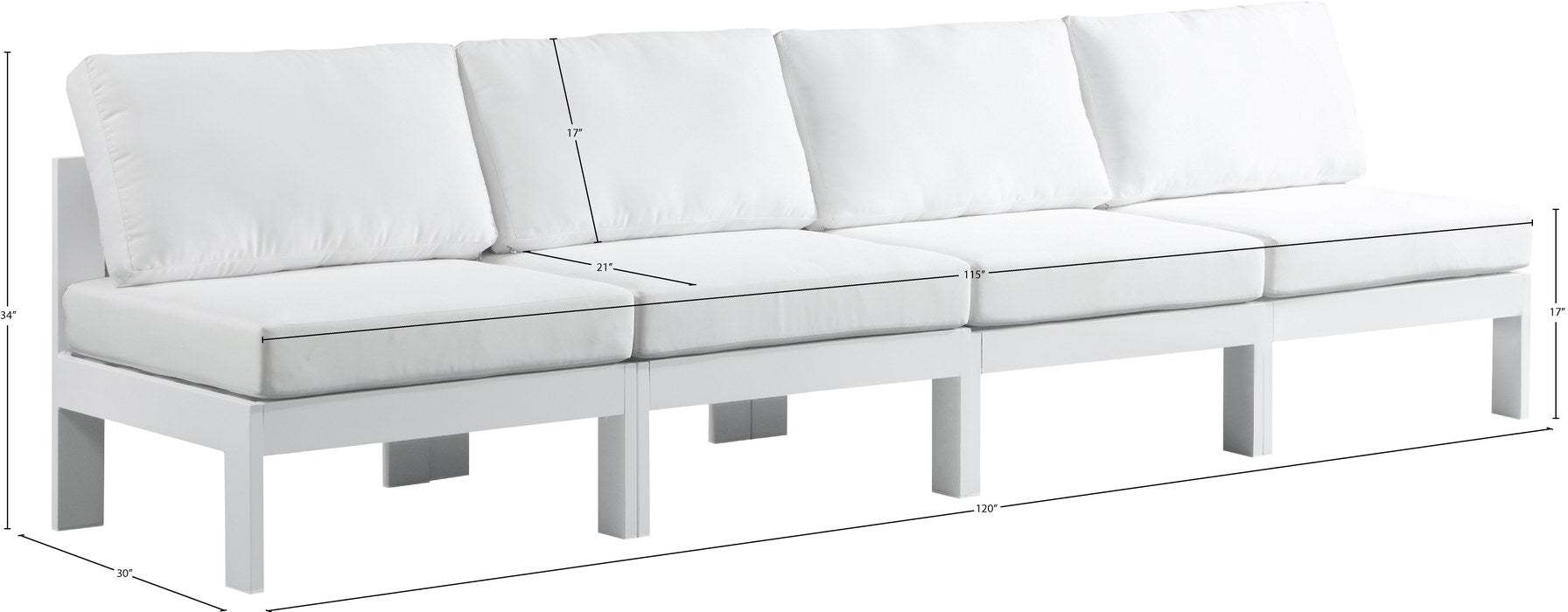 Meridian Furniture - Nizuc 120" White Water Resistant Fabric Upholstered 4pc. Outdoor Patio Armless Sofa - 375White-S120B - GreatFurnitureDeal