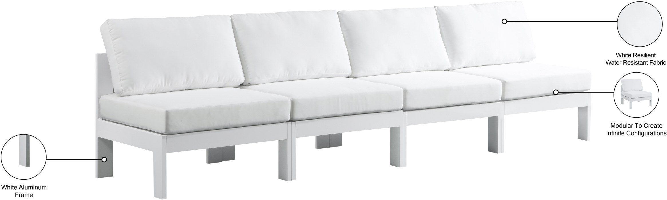 Meridian Furniture - Nizuc 120" White Water Resistant Fabric Upholstered 4pc. Outdoor Patio Armless Sofa - 375White-S120B - GreatFurnitureDeal