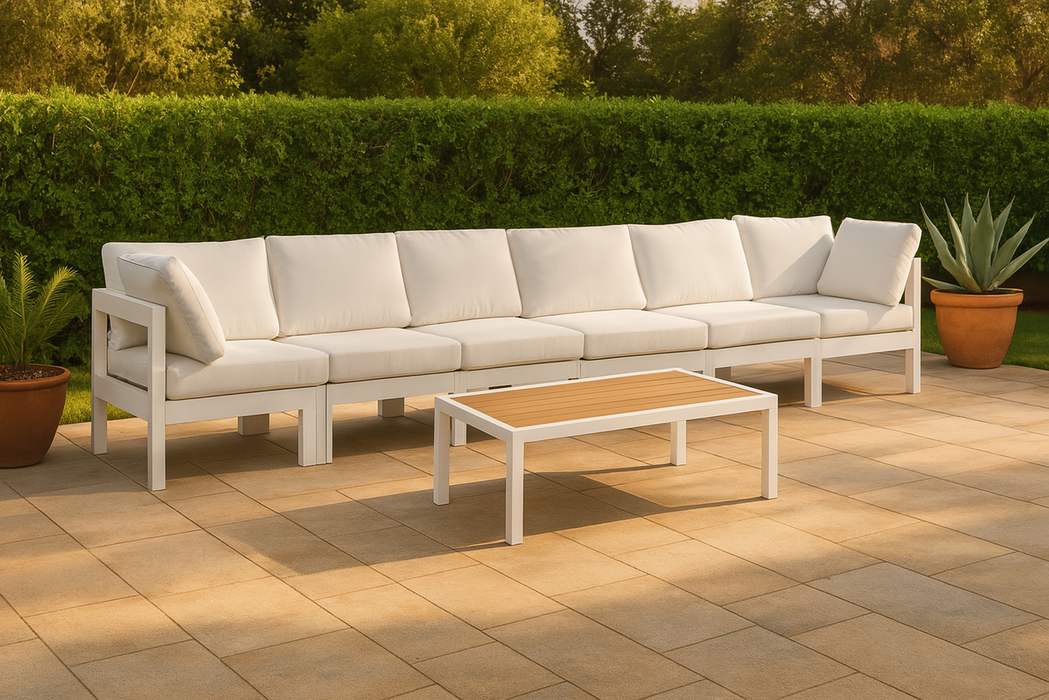 Meridian Furniture - Nizuc 180" White Water Resistant Fabric Upholstered 6pc. Outdoor Patio Sofa - 375White-S180A - GreatFurnitureDeal
