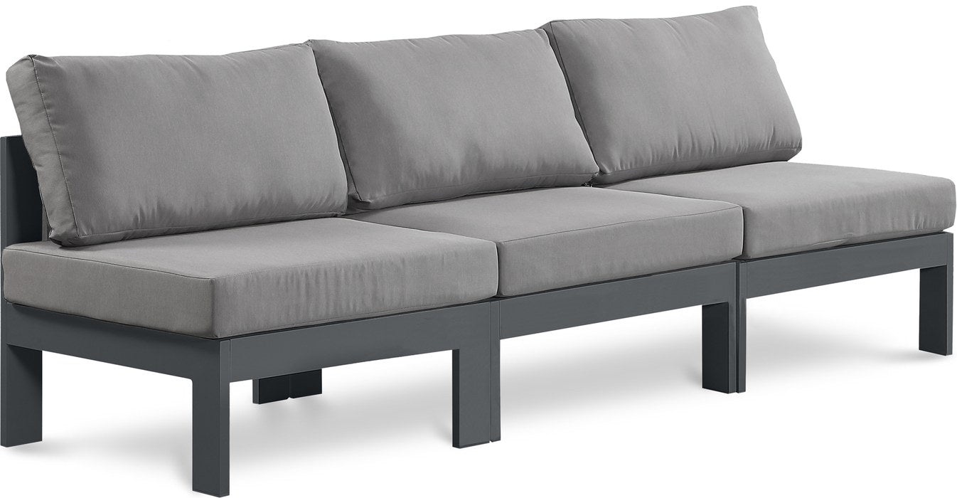 Meridian Furniture - Nizuc 90" Grey Water Resistant Fabric Upholstered 3pc. Outdoor Patio Armless Sofa - 376Grey-S90B - GreatFurnitureDeal