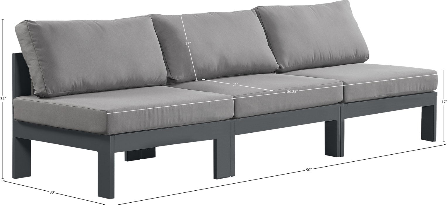 Meridian Furniture - Nizuc 90" Grey Water Resistant Fabric Upholstered 3pc. Outdoor Patio Armless Sofa - 376Grey-S90B - GreatFurnitureDeal