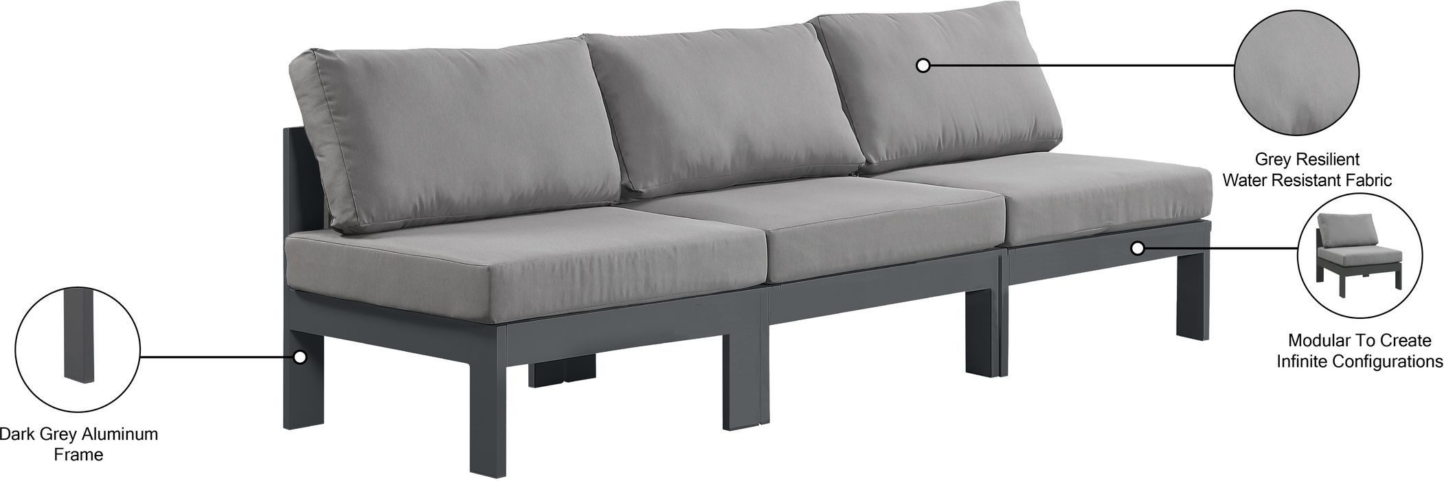 Meridian Furniture - Nizuc 90" Grey Water Resistant Fabric Upholstered 3pc. Outdoor Patio Armless Sofa - 376Grey-S90B - GreatFurnitureDeal