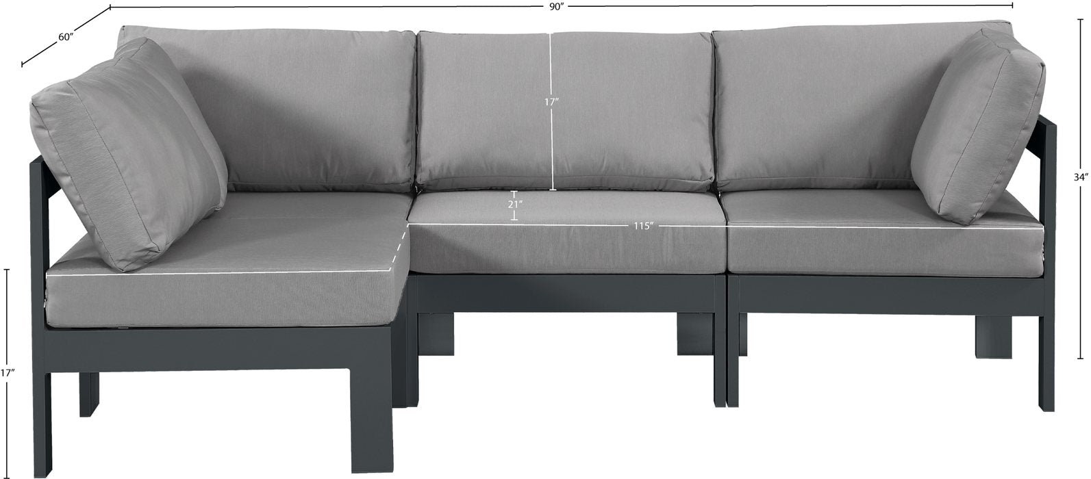 Meridian Furniture - Nizuc 90" Grey Water Resistant Fabric Upholstered 4pc. Outdoor Patio Sectional - 376Grey-Sec4A - GreatFurnitureDeal