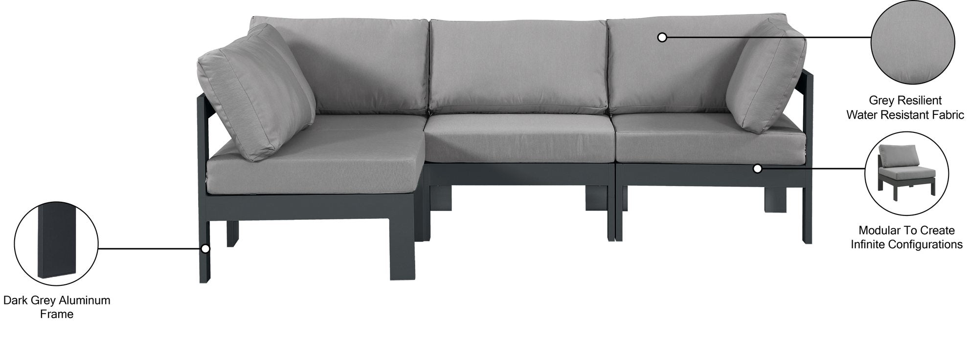 Meridian Furniture - Nizuc 90" Grey Water Resistant Fabric Upholstered 4pc. Outdoor Patio Sectional - 376Grey-Sec4A - GreatFurnitureDeal