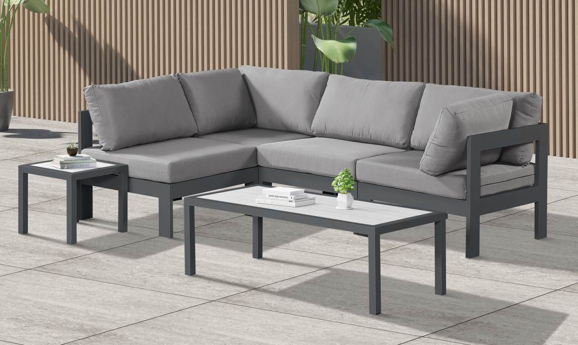 Meridian Furniture - Nizuc 90" Grey Water Resistant Fabric Upholstered 4pc. Outdoor Patio Sectional - 376Grey-Sec4A - GreatFurnitureDeal