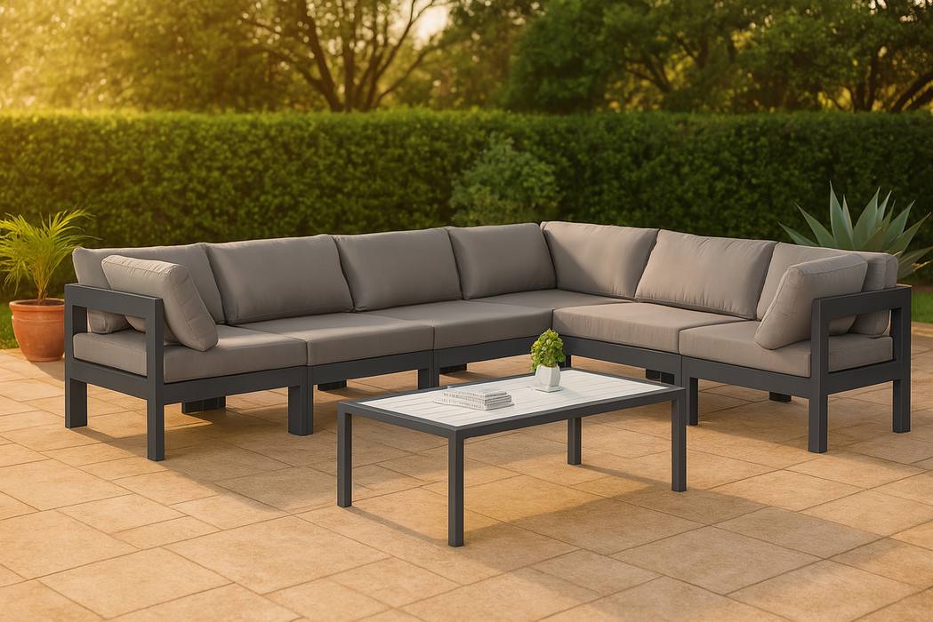 Meridian Furniture - Nizuc 120" Grey Water Resistant Fabric Upholstered 6pc. Outdoor Patio Sectional - 376Grey-Sec6A - GreatFurnitureDeal