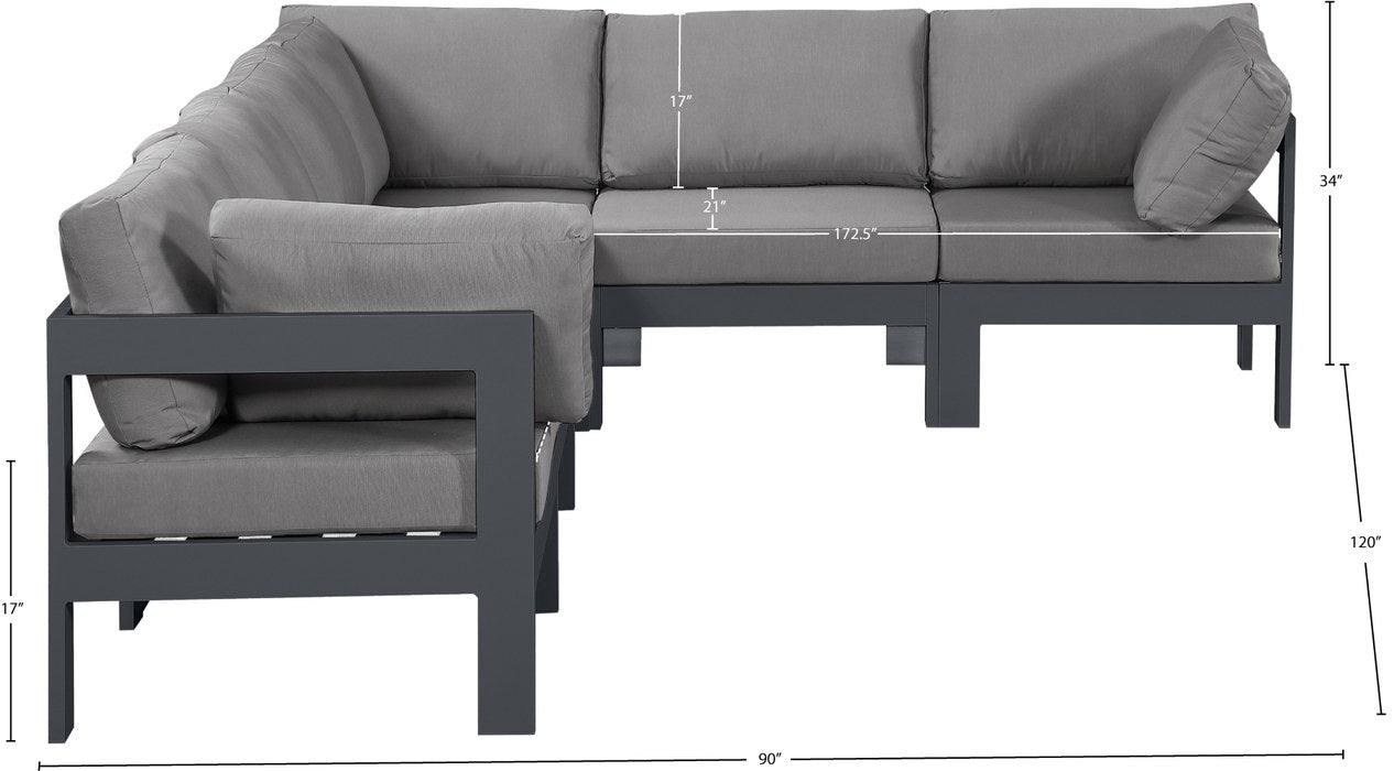 Meridian Furniture - Nizuc 120" Grey Water Resistant Fabric Upholstered 6pc. Outdoor Patio Sectional - 376Grey-Sec6A - GreatFurnitureDeal