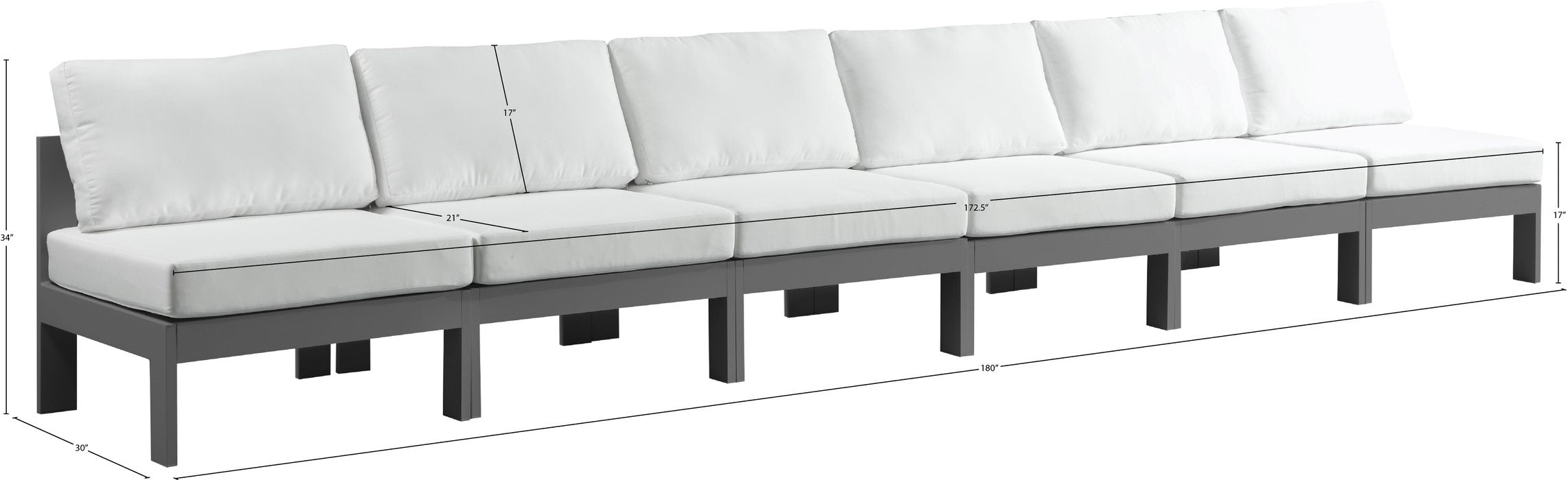 Meridian Furniture - Nizuc 180" White Water Resistant Fabric Upholstered 6pc. Outdoor Patio Armless Sofa - 376White-S180B - GreatFurnitureDeal