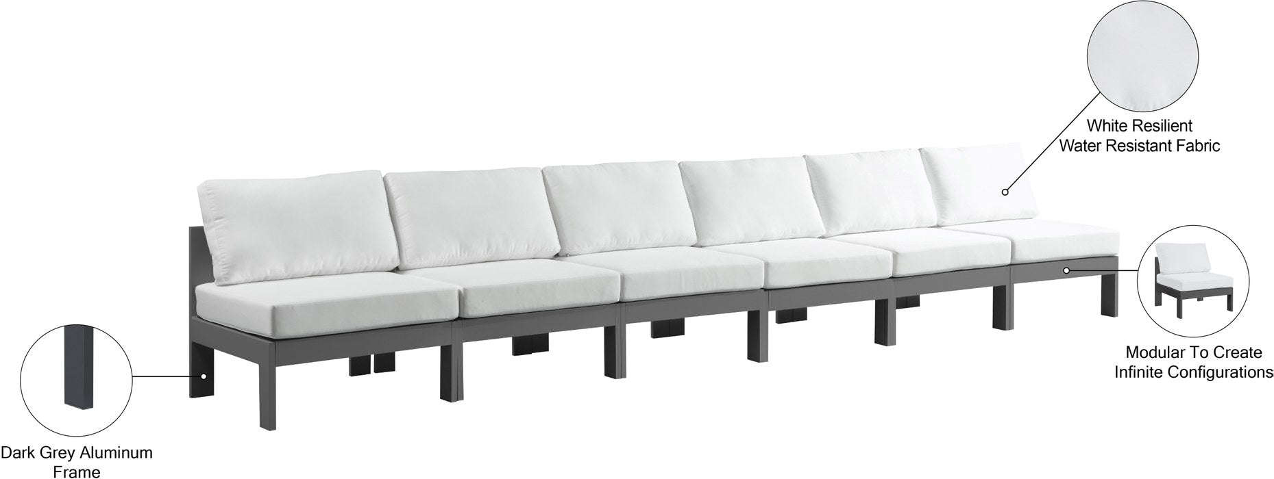 Meridian Furniture - Nizuc 180" White Water Resistant Fabric Upholstered 6pc. Outdoor Patio Armless Sofa - 376White-S180B - GreatFurnitureDeal