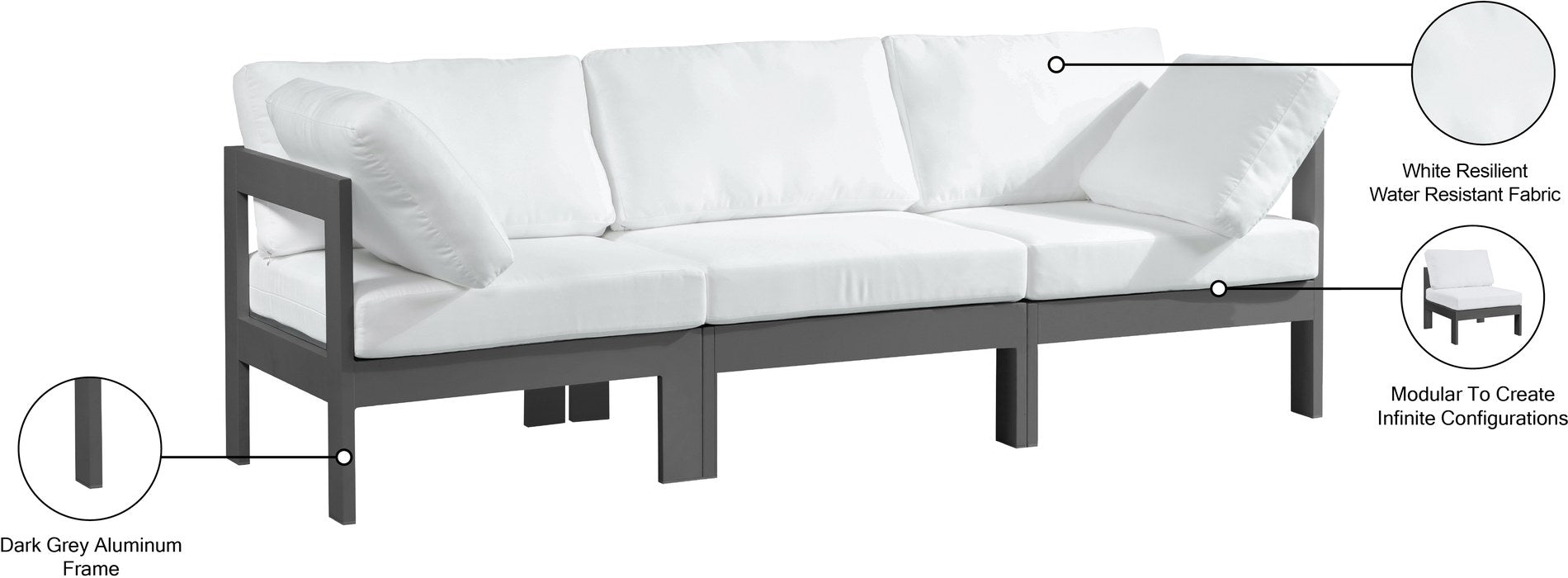 Meridian Furniture - Nizuc 90" White Water Resistant Fabric Upholstered 3pc. Outdoor Patio Sofa - 376White-S90A - GreatFurnitureDeal