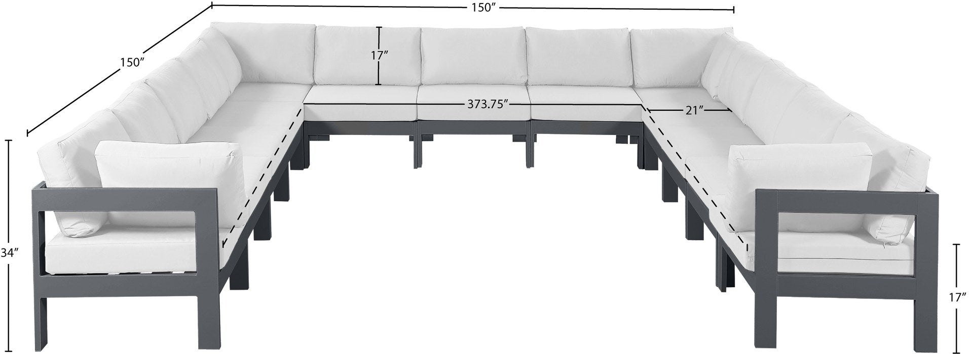 Meridian Furniture - Nizuc 150" White Water Resistant Fabric Upholstered 13pc. Outdoor Patio Sectional - 376White-Sec13A - GreatFurnitureDeal