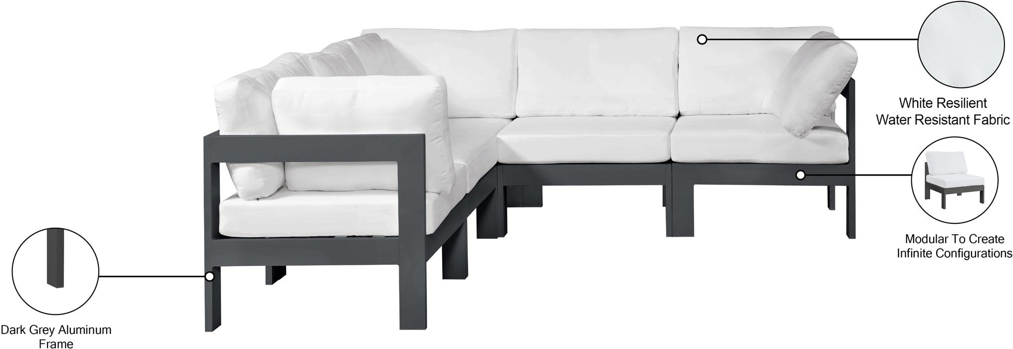 Meridian Furniture - Nizuc 90" White Water Resistant Fabric Upholstered 5pc. Outdoor Patio Sectional - 376White-Sec5B - GreatFurnitureDeal