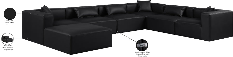 Meridian Furniture - Cube 144" Vegan Leather Upholstered 6 Piece Modular Sectional - 668Black-Sec7A - GreatFurnitureDeal