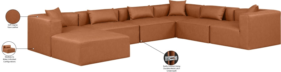 Meridian Furniture - Cube 144" Vegan Leather Upholstered 7 Piece Modular Sectional - 668Cognac-Sec7A - GreatFurnitureDeal