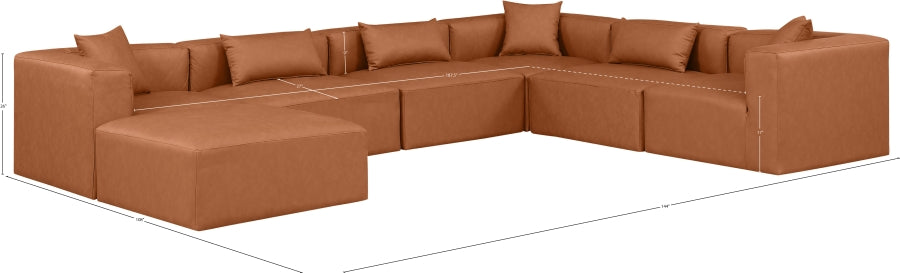 Meridian Furniture - Cube 144" Vegan Leather Upholstered 7 Piece Modular Sectional - 668Cognac-Sec7A - GreatFurnitureDeal